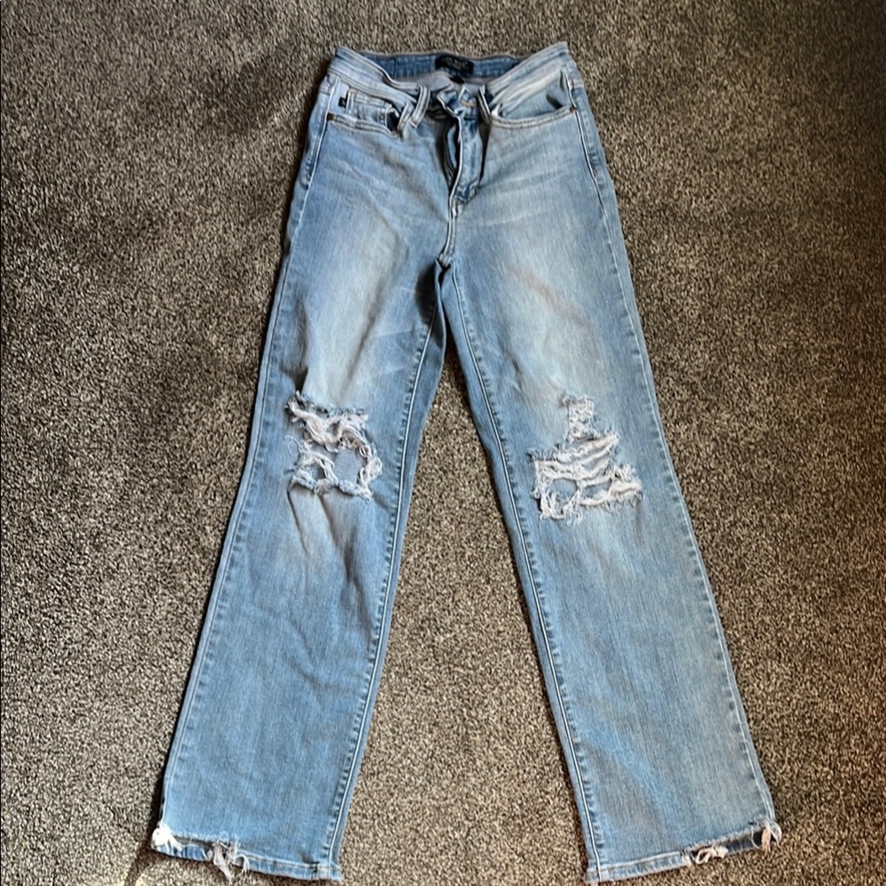 Judy Blue Straight Leg Blue Jeans with Distressed Details